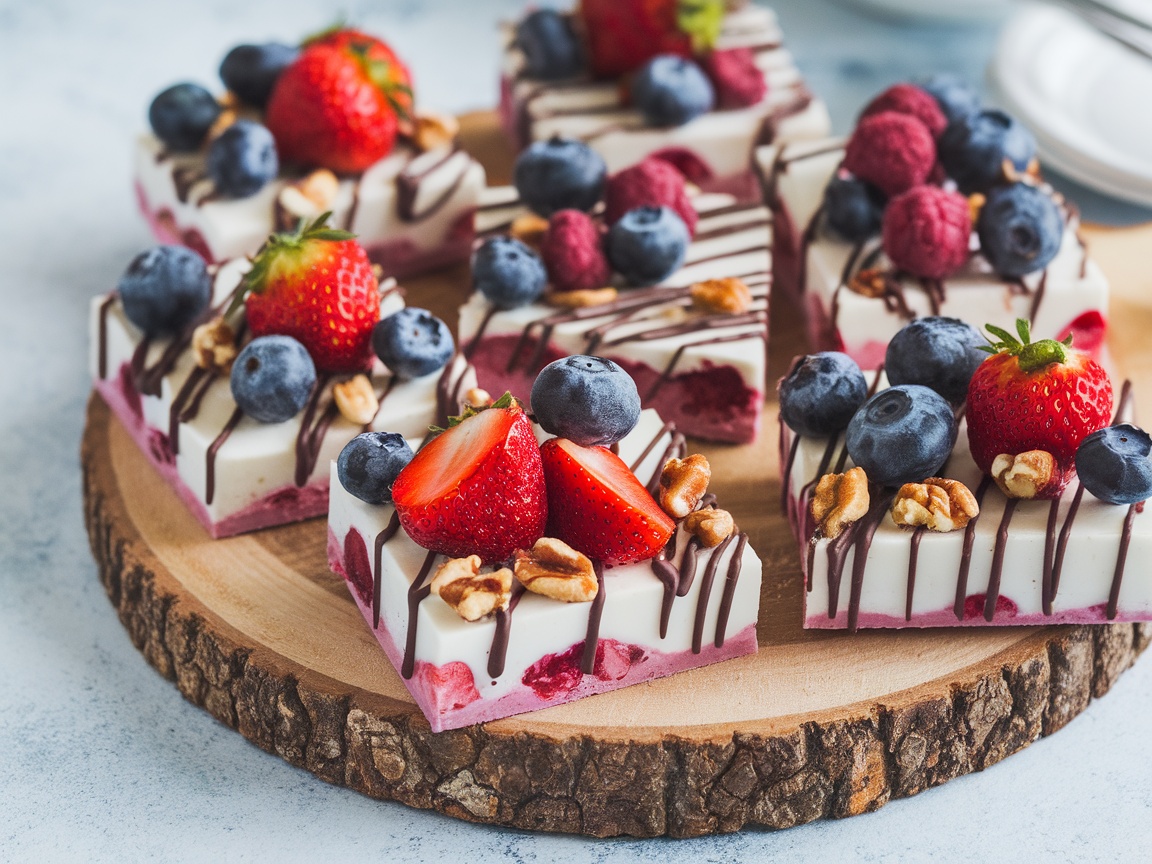 Frozen Yogurt Bark with berries and nuts on a wooden board, healthy snack.